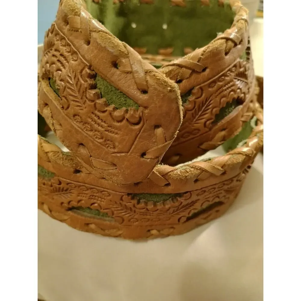 Vintage Brown & Green Leather Belt Hand Tooling Made in Mexico Men's Size 36-41